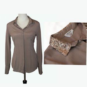 Cycle Made In Italy Womens Silk Shirt Sequin Collar Long Sleeves Beige Size S